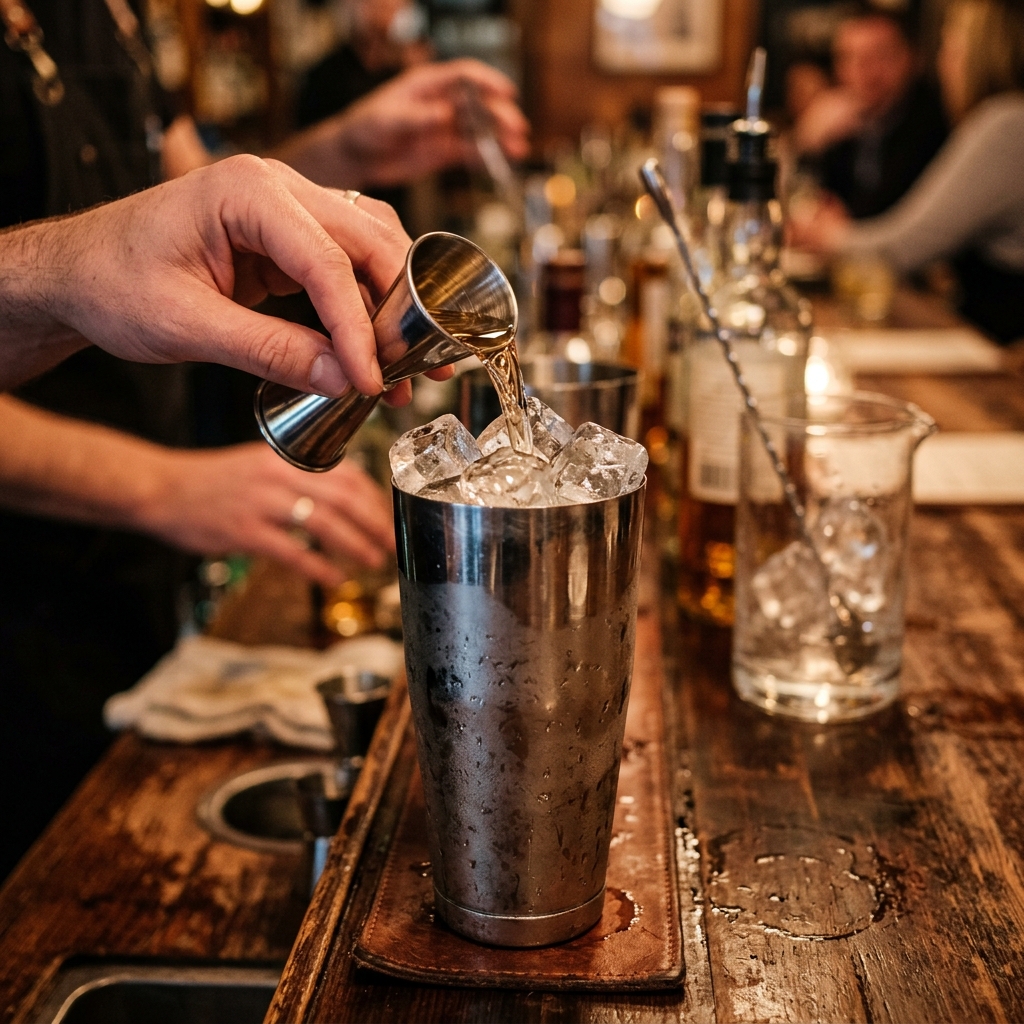 Stainless steel cocktail shaker with jigger measuring spirit and ice dilution