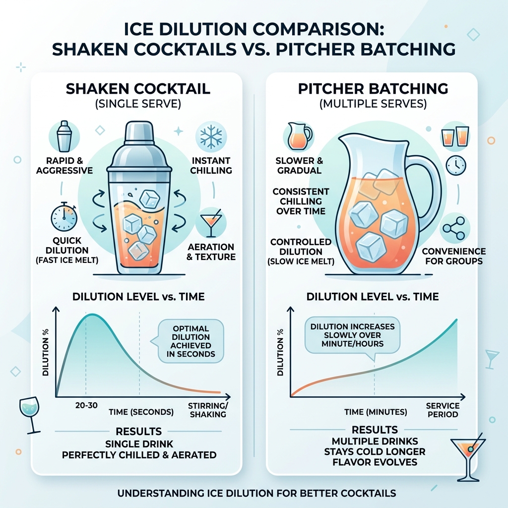 Comparison of ice dilution rates in shaken cocktails versus pitcher batching